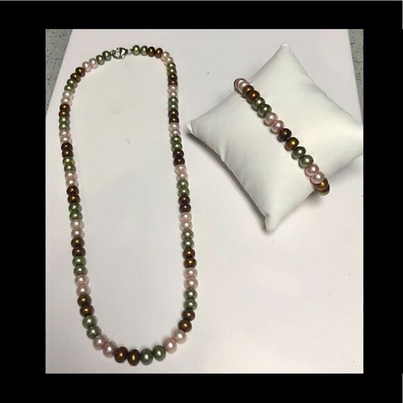 Honora Multi-Color Pearl Necklace & Bracelet Set Sterling Silver 925 - Picture 4 of 5